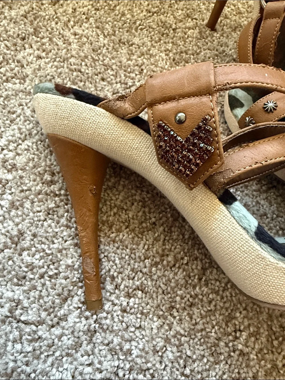 Studded Camouflage Slingback Heels in Tan